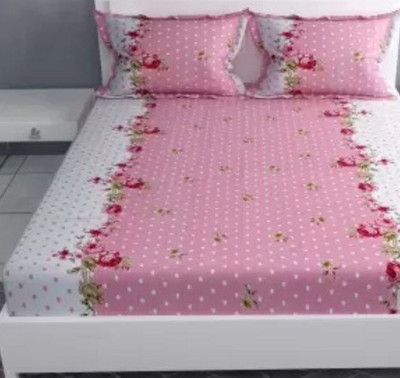 ABC Cotton Double Fitted (Elastic) 220 TC Printed Bedsheet(Pack of 1, Pink Dot)