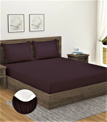 Home Sizzler 300 TC Microfiber Double Striped Fitted (Elastic) Bedsheet(Pack of 1, Brown)