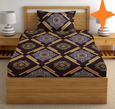 EXFAB 244 TC Cotton Single Printed Fitted (Elastic) Bedsheet(Pack of 1, Coffee)