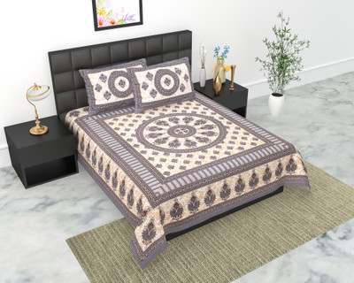 Home@shop Cotton Double Flat 144 TC Jaipuri Prints Bedsheet(Pack of 1, Grey)