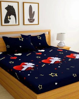 Khwaish 140 TC Microfiber Double 3D Printed Flat Bedsheet(Pack of 1, Navy Blue)