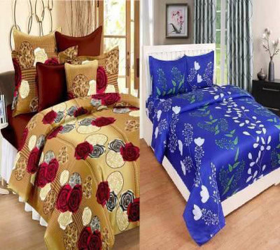 HSR Collection Cotton Double Flat 210 TC Floral Bedsheet(Pack of 2, BEIGE/BLUE)