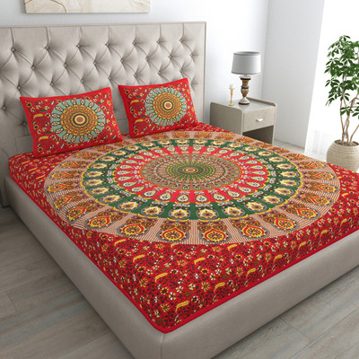 Mandakini 144 TC Cotton Double Jaipuri Prints Flat Bedsheet(Pack of 1, DARK RED)