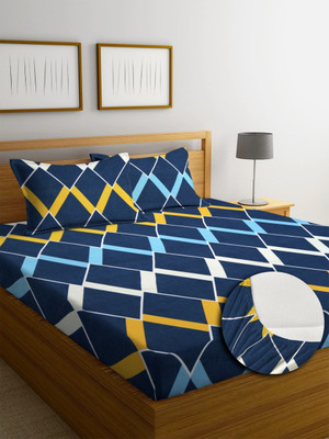 tarain collection 210 TC Polycotton Double Solid Fitted (Elastic) Bedsheet(Pack of 1, Blue & White Zigzag)