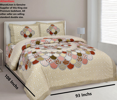 BharatLinen Cotton King Flat 260 TC Jaipuri Prints Bedsheet(Pack of 1, Beige)