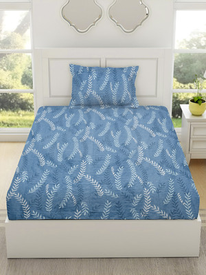 RUSTIC LINEN 144 TC Microfiber Single Printed Flat Bedsheet(Pack of 1, Blue, White)