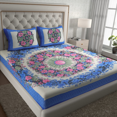 Cosito 144 TC Cotton Double Jaipuri Prints Flat Bedsheet(Pack of 1, Blue)