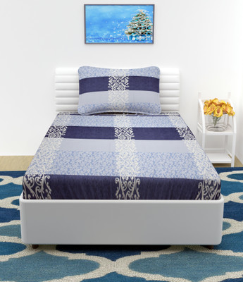 BROMWICK 144 TC Microfiber Single Printed Flat Bedsheet(Pack of 1, Grey, Blue)