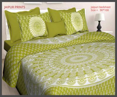 JAIPUR PRINTS Cotton Double Flat 160 TC Jaipuri Prints Bedsheet(Pack of 1, Green)