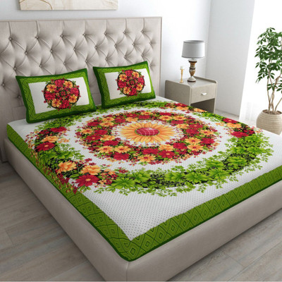 SARVOCH Cotton Double Flat 144 TC Jaipuri Prints Bedsheet(Pack of 1, Green,Dark Green,Red,Yellow,Brown,Black)