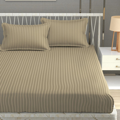 Homefab India Cotton Double Flat 140 TC Striped Bedsheet(Pack of 1, Beige)