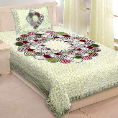 FABSOFT Cotton Single Flat 144 TC Jaipuri Prints Bedsheet(Pack of 1, Green)