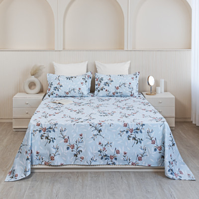 HOMEMONDE Cotton Double Flat 210 TC Printed Bedsheet(Pack of 1, Light Cyan)