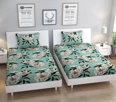 BELVOSTUM Microfiber Single Flat 244 TC Floral Bedsheet(Pack of 2, Green, Beige)