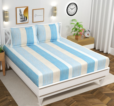 BSB HOME 160 TC Microfiber Double Printed Flat Bedsheet(Pack of 1, Light Blue3 & White)