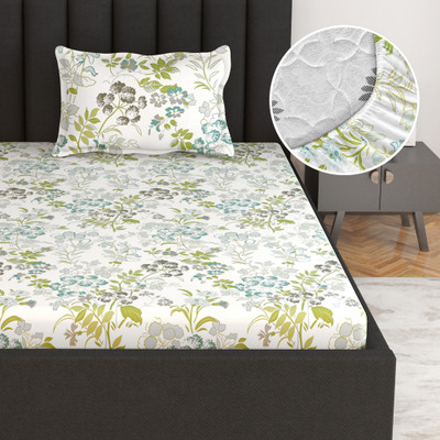 Divine Casa 144 TC Cotton Single Floral Fitted (Elastic) Bedsheet(Pack of 1, Green Banana)