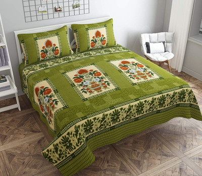 kartik creation Woolen Double Flat 190 TC Printed Bedsheet(Pack of 1, Green Gamla)