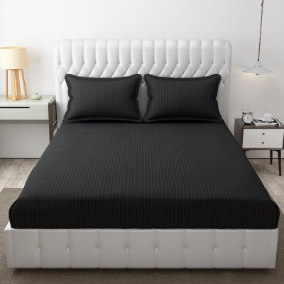 Buggly Polycotton Double Flat 300 TC Striped Bedsheet(Pack of 1, Black)