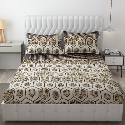 EVERLUSH Velvet King Fitted (Elastic) 400 TC Floral Bedsheet(Pack of 1, Cream-Hexa)