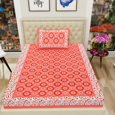 Monik Handicrafts 104 TC Cotton Single Jaipuri Prints Flat Bedsheet(Pack of 1, Red)
