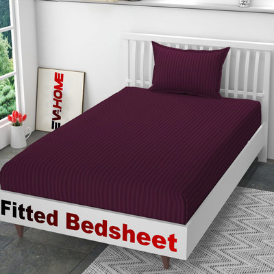 EVAHOME Cotton Single Fitted (Elastic) 300 TC Striped Bedsheet(Pack of 1, Wine)