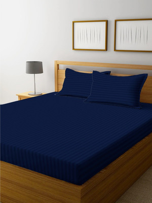 EpicEdge 300 TC Satin Double Striped Fitted (Elastic) Bedsheet(Pack of 1, Blue)