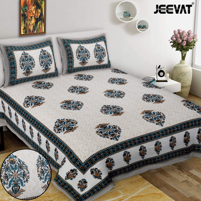 Jeevat Cotton King Flat 220 TC Printed Bedsheet(Pack of 1, Green)