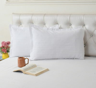 CB HOME Cotton Double Flat 300 TC Striped Bedsheet(Pack of 1, White)