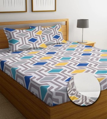 SHOMES 250 TC Cotton King Geometric Fitted (Elastic) Bedsheet(Pack of 1, Multicolor)