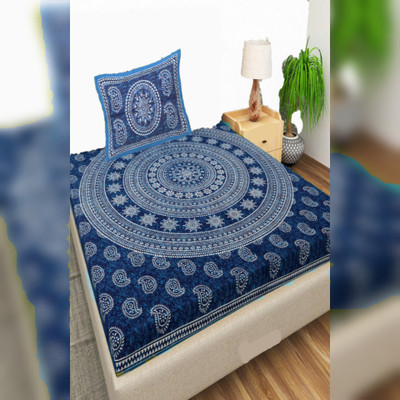 BharatLinen 144 TC Cotton Single Jaipuri Prints Flat Bedsheet(Pack of 1, Dark Blue)
