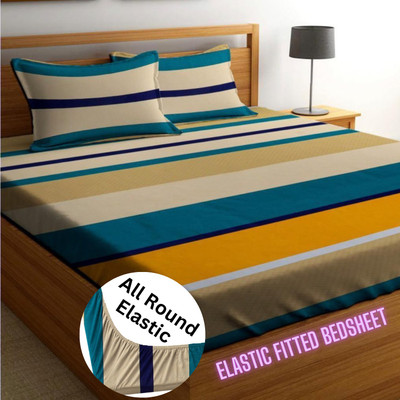 Apala 250 TC Microfiber Double Striped Fitted (Elastic) Bedsheet(Pack of 1, Yellow)