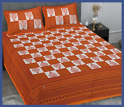 JAIPUR PRINTS Cotton Double Flat 240 TC Jaipuri Prints Bedsheet(Pack of 1, Orange)