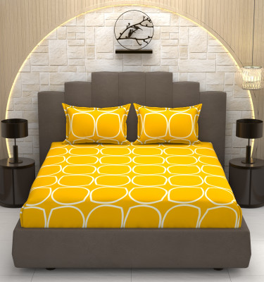 OSONICTEXTILE 254 TC Cotton Double Printed Fitted (Elastic) Bedsheet(Pack of 1, Light Yellow)