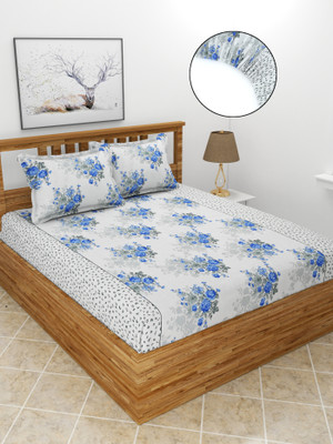 MORADO 210 TC Polycotton Double Printed Fitted (Elastic) Bedsheet(Pack of 1, Blue)