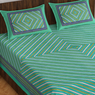 Home@shop 144 TC Cotton Double Printed Flat Bedsheet(Pack of 1, Green)