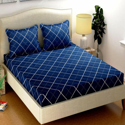 AMR 160 TC Cotton Queen Geometric Fitted (Elastic) Bedsheet(Pack of 1, Blue)