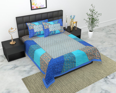 Navkar Creation 104 TC Cotton Double Jaipuri Prints Flat Bedsheet(Pack of 1, Blue)