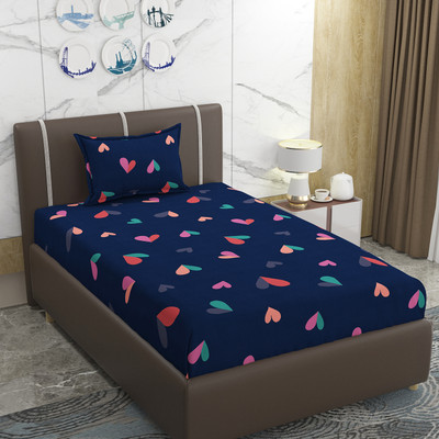 TIRKUTA 200 TC Cotton Single Printed Fitted (Elastic) Bedsheet(Pack of 1, Blue)