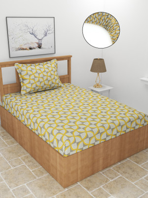 MORADO 210 TC Polycotton Single Geometric Fitted (Elastic) Bedsheet(Pack of 1, Yellow)