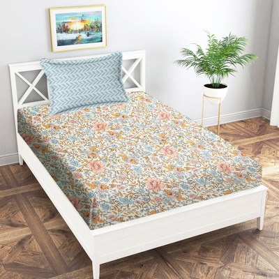 Home Stylish 180 TC Microfiber Single Printed Flat Bedsheet(Pack of 1, Cream)
