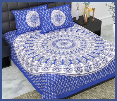 BedZone Cotton Double Flat 240 TC Jaipuri Prints Bedsheet(Pack of 1, Blue)