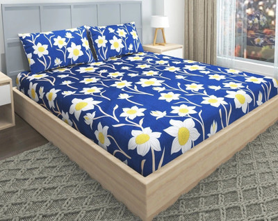 EVERLUSH Cotton King Fitted (Elastic) 300 TC Printed Bedsheet(Pack of 1, Blue)