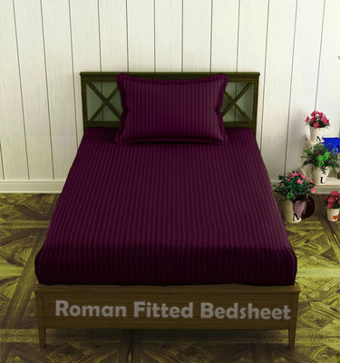 roman 300 TC Cotton Single Striped Fitted (Elastic) Bedsheet(Pack of 1, WINE)