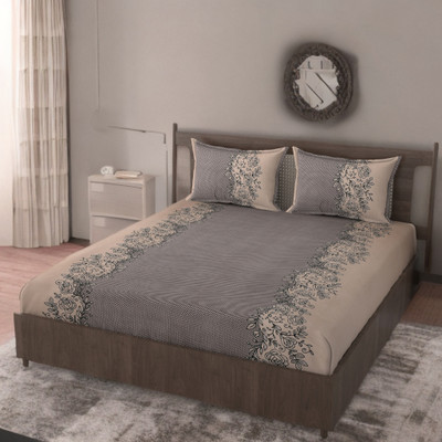 HUESPACE Cotton, Microfiber Double Flat 300 TC Floral Bedsheet(Pack of 1, Brown, Beige, Black)