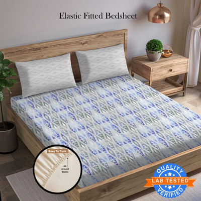 Arvind Cotton King Fitted (Elastic) 144 TC Floral Bedsheet(Pack of 1, Blue)