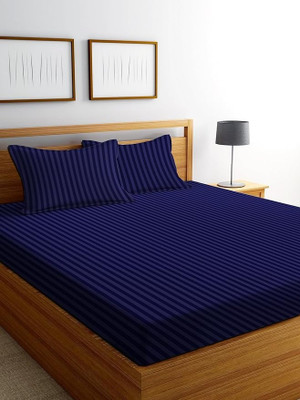 Home Sizzler 210 TC Microfiber Double Striped Fitted (Elastic) Bedsheet(Pack of 1, Blue)