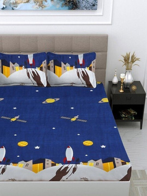 vnm home Cotton Queen Flat 300 TC Printed Bedsheet(Pack of 1, BLUE-ROCKET)