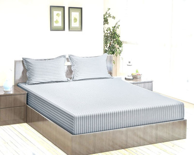BEVI Microfiber Double Fitted (Elastic) 300 TC Striped Bedsheet(Pack of 1, Grey)