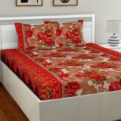 Panipat Textile Hub 140 TC Microfiber Double 3D Printed Flat Bedsheet(Pack of 1, Orange)