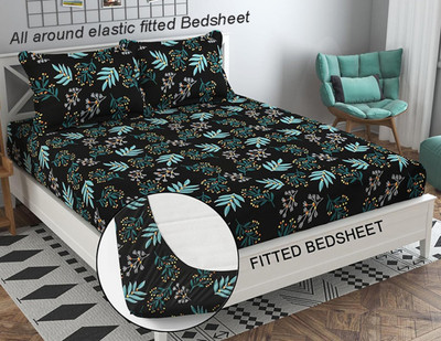 Home Garage Cotton King Fitted (Elastic) 210 TC Self Design Bedsheet(Pack of 1, Fitted Black Green)